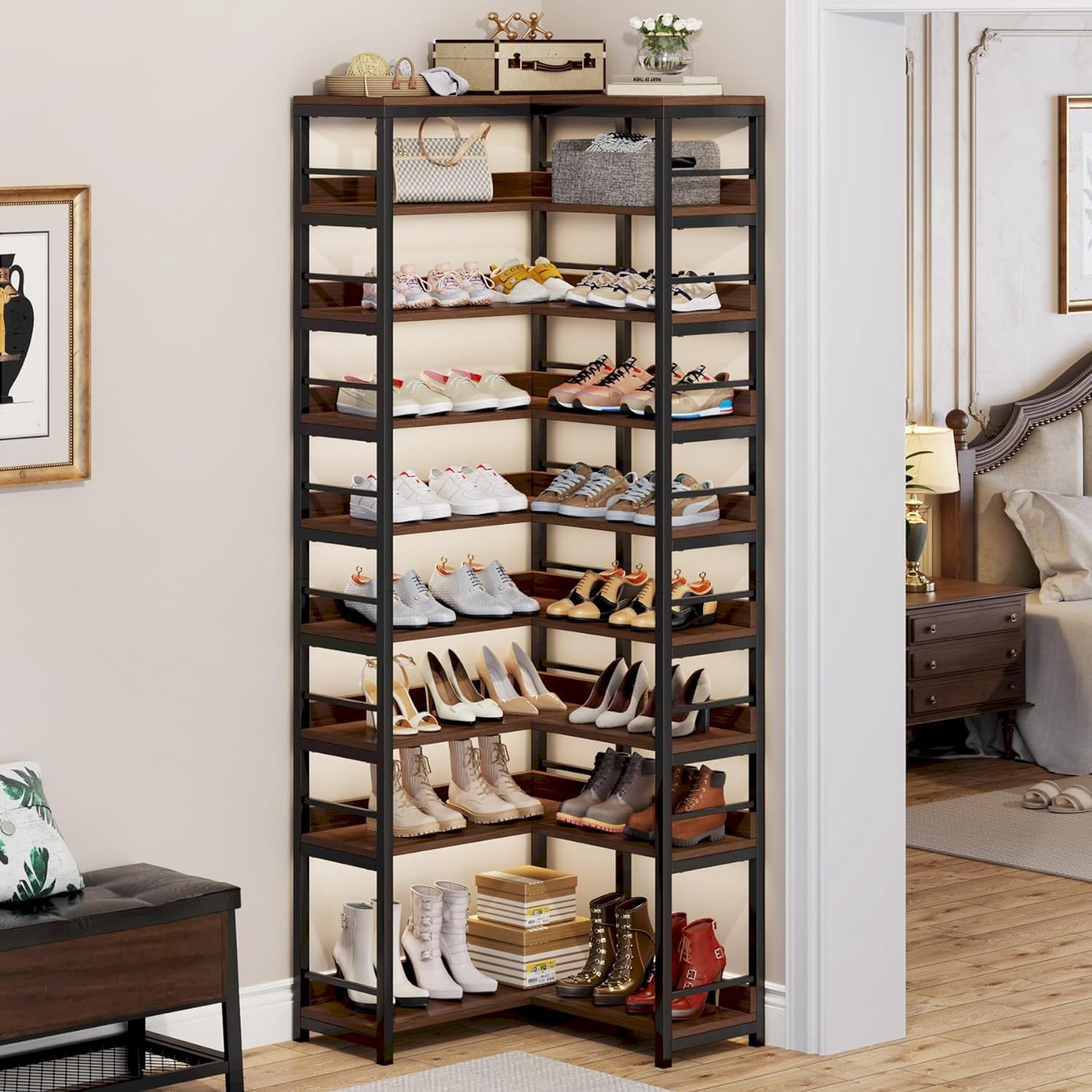 9 Tiers Corner Shoe Rack, Tall Shoe Rack Organizer, Large Shoe Storage Shelf for Entryway Hallway Closet, Rustic Brown - Image 3