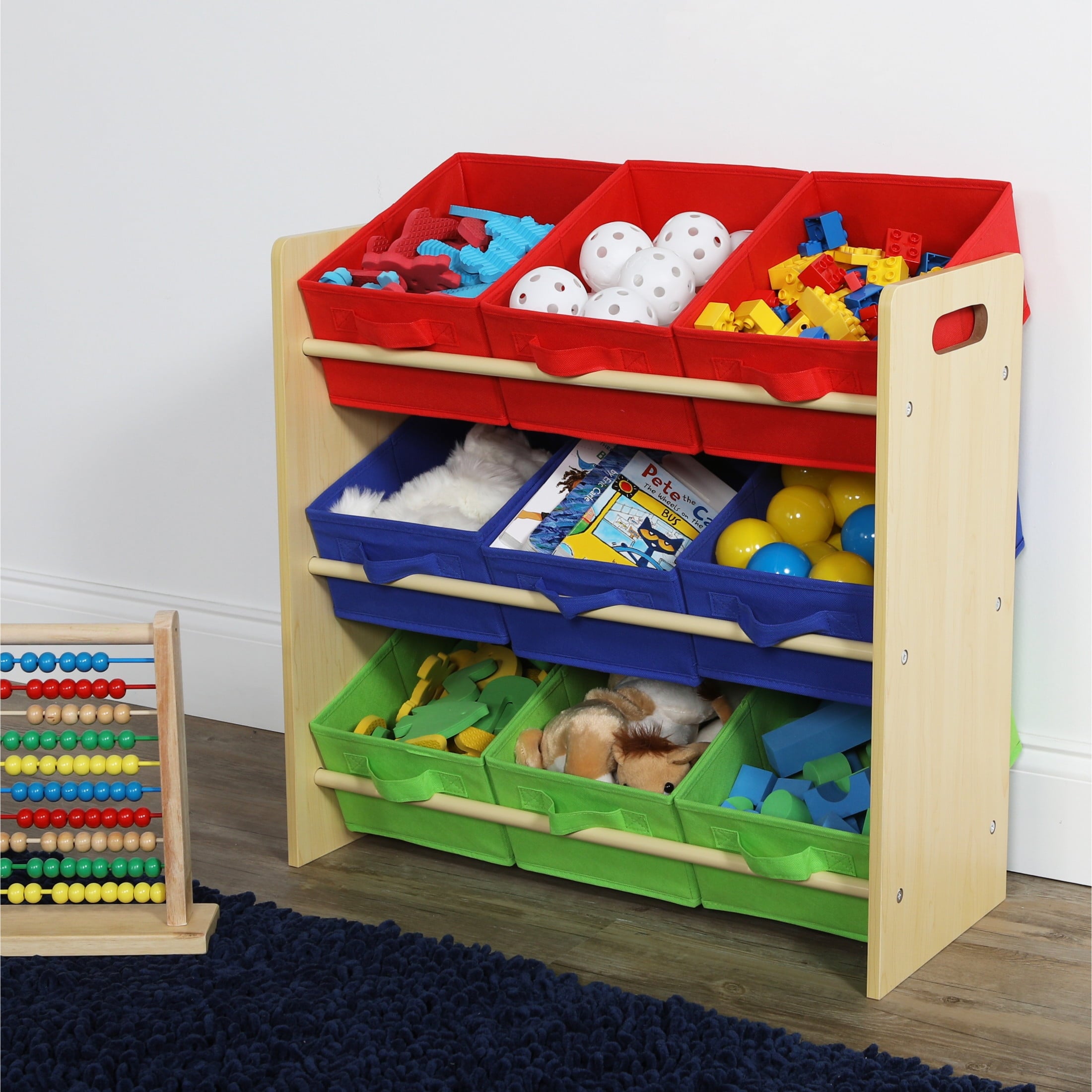 Kids Toy Organizer with 9 Fabric Storage Bins, Natural/Primary - Image 5