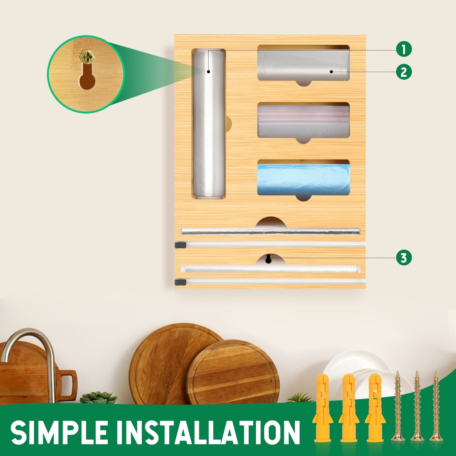 Bag Storage Organizer for Kitchen Drawer, 6 in 1 Foil and Plastic Wrap Dispenser with Cutter, Bamboo Plastic Bag Food... - Image 3