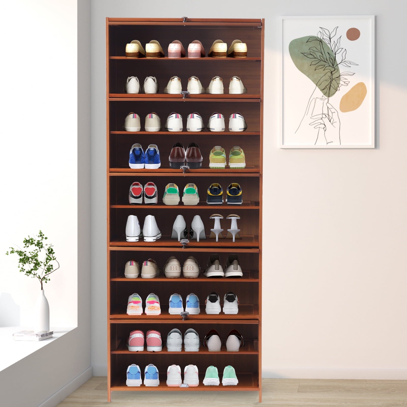 Loyalheartdy 10 Tier Bamboo Shoe Rack Large Wooden Shoe Storage Cabinet with Door Freestanding Shoe Rack Bookshelf Organizer for Entryway Li - Image 2