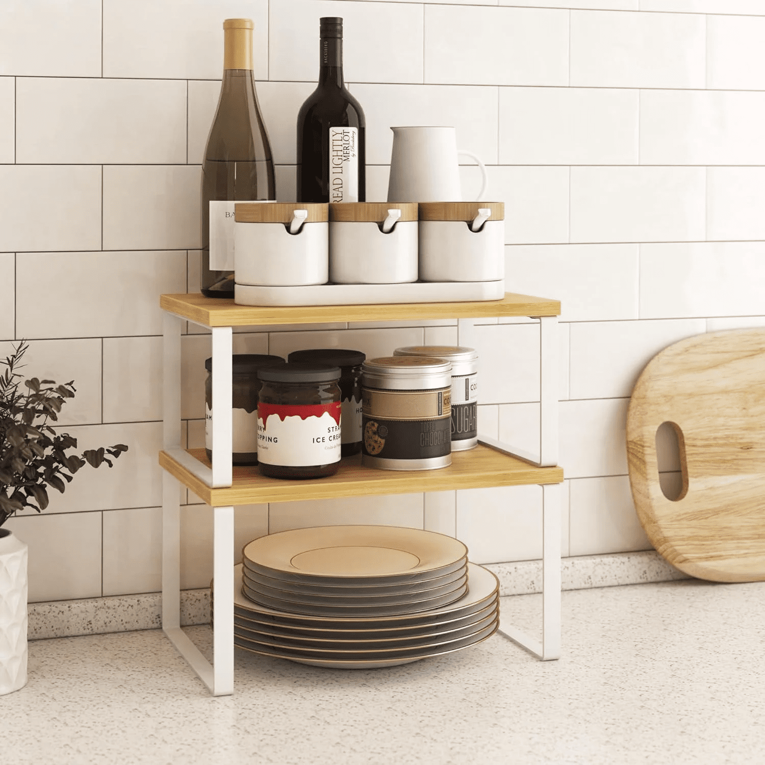 Bamboo & White 2-Tier Expandable Counter Shelf Organizer  Space-Saving Storage for Kitchen, Bathroom, Office & More - Image 2