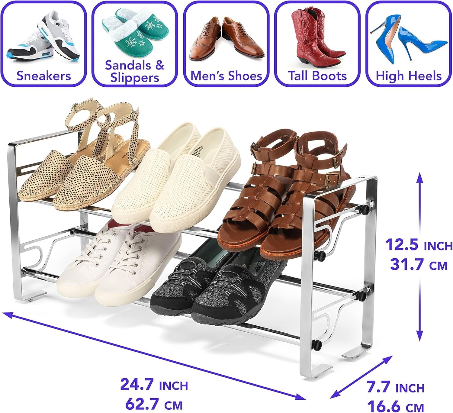 USTECH 2-Tier Metal Shoe Rack, Chrome Adjustable Shoe Storage Organizer with Slide-and-Adjust Shelves, Space-Saving Design, Easy Setup - Image 4
