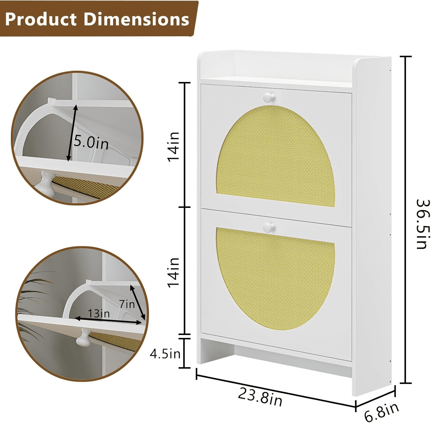 with 2 Flip Drawers, Rattan Door Storage Organizer for Entryway, Free-Standing , White - Image 5