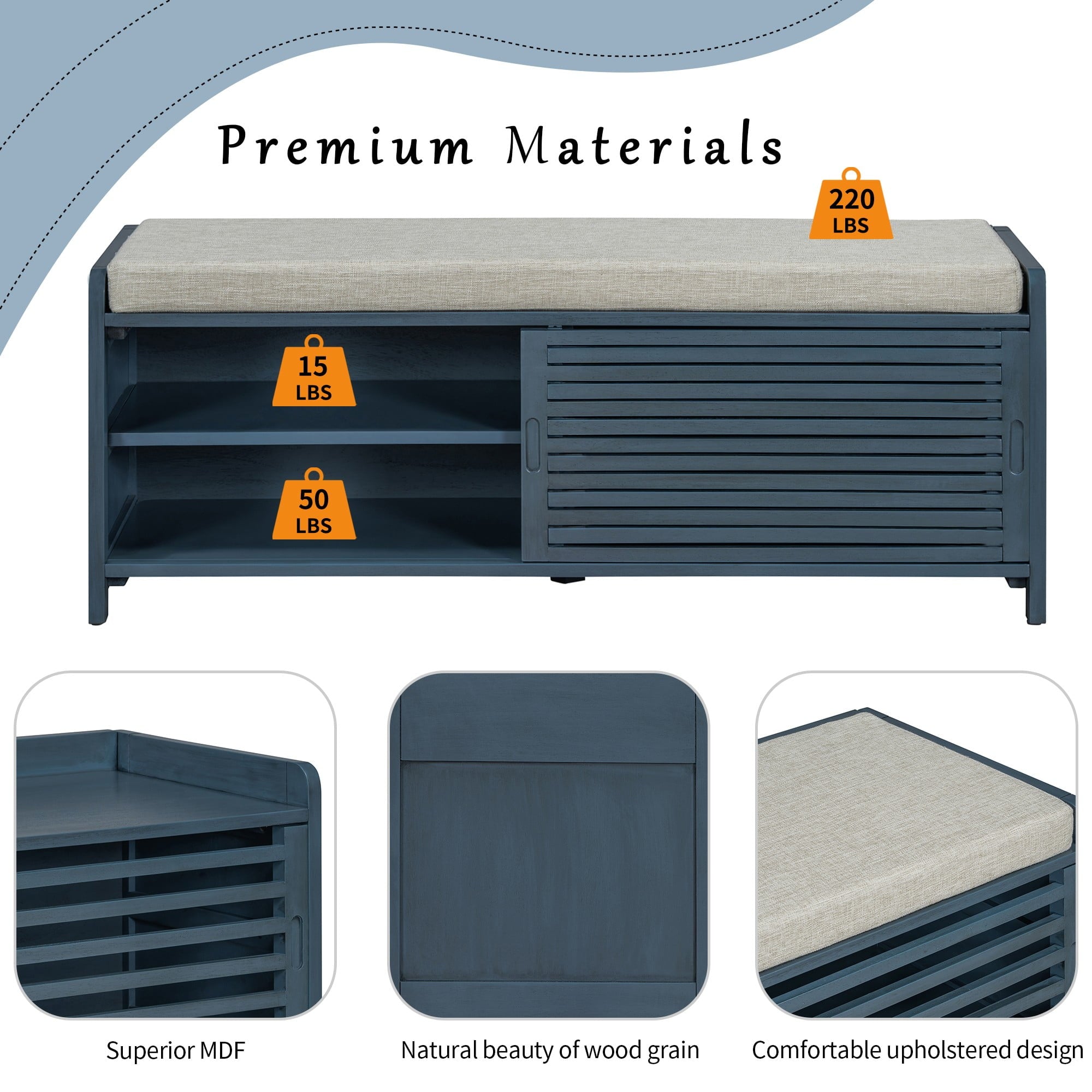 Shoe Storage Bench with Cushion, Entryway Bench, 2 Tier Shoe Rack Organizer for Entryway Living Room Bedroom, Navy - Image 3