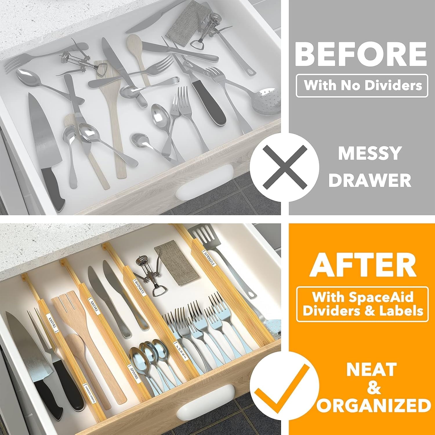 Bamboo Drawer Dividers with Labels, Kitchen Adjustable Drawer Organizers,6 Dividers (17-22 in) - Image 2