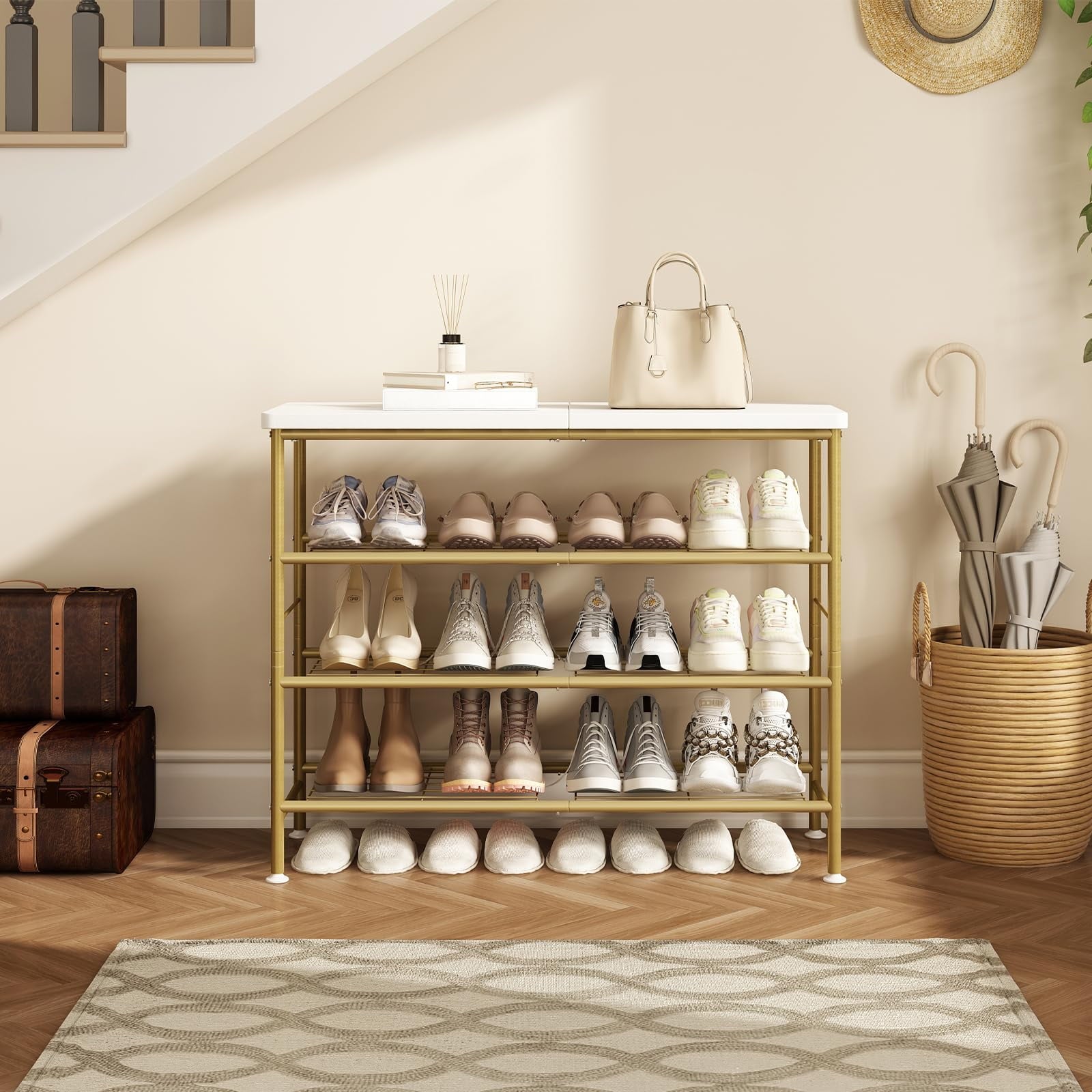 hoe Rack Organizer 4 Tier for Closet Entryway Free Standing Metal Storage Shoe Shelf,Gold - Image 2