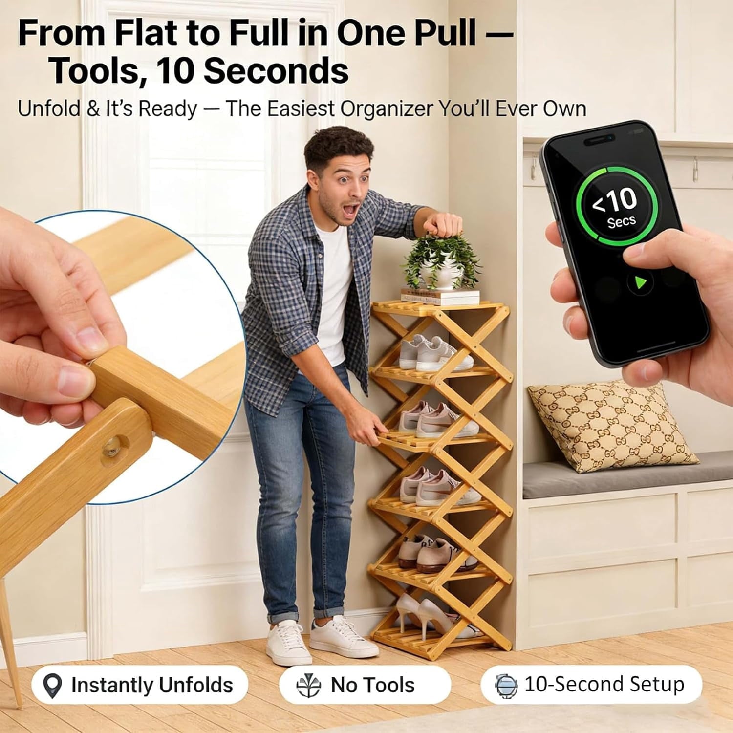 Tier No-Assembly Bamboo Rack ,2/3/4/5/6/7/8/9/10 Tier Bamboo Shoe Rack, No-Assembly Vertical Slim Shoe Storage, Colla... - Image 2