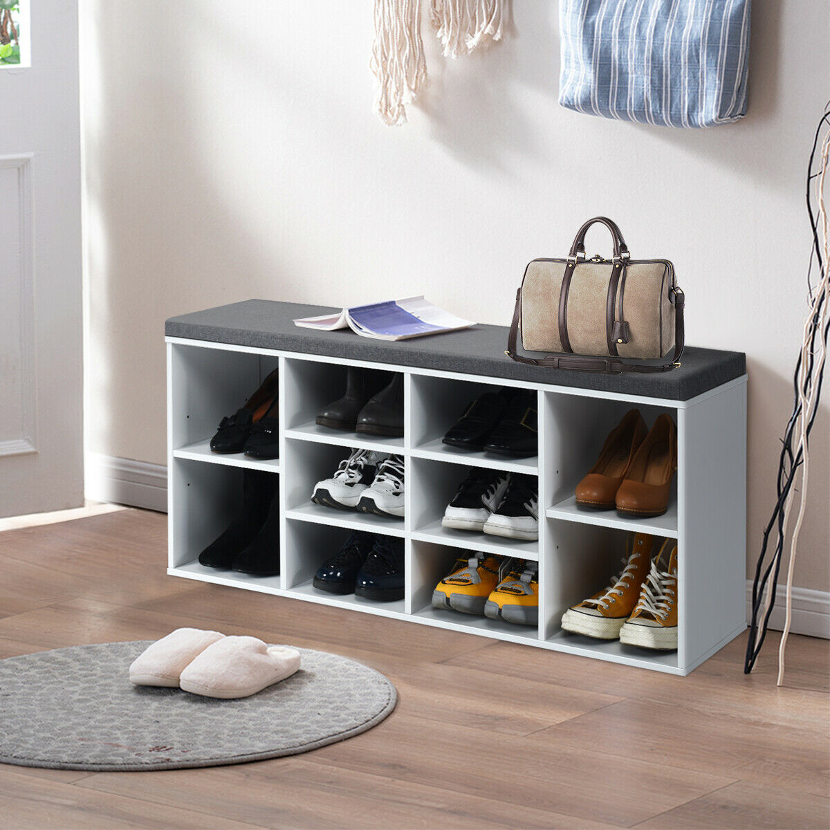 Entryway Padded Shoe Storage Bench 10-Cube Organizer Bench Adjustable White - Image 2