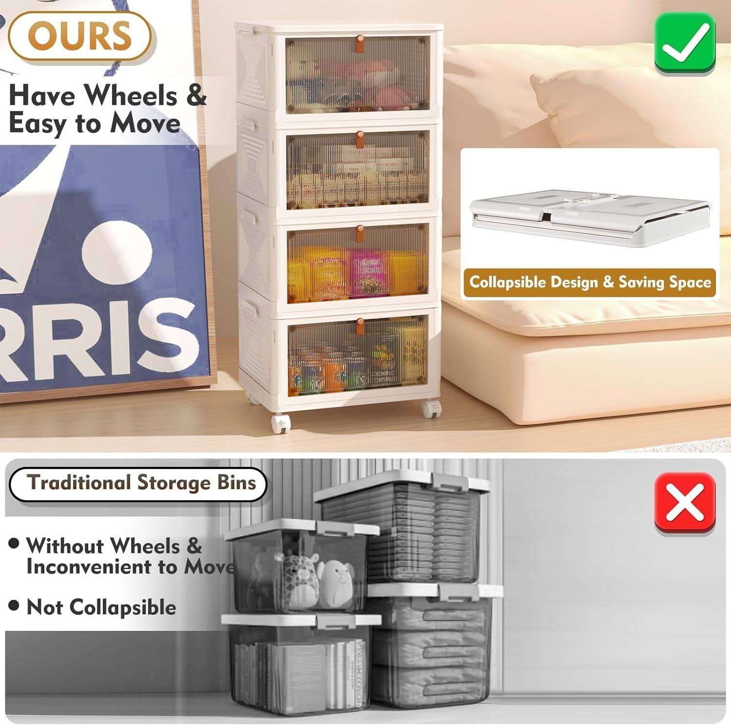 OKENTEN Rolling Wheeled Plastic Storage Bins with Lid, 4-Tier Stackable Folding Storage Containers, 92 Qt Capacity - Image 4