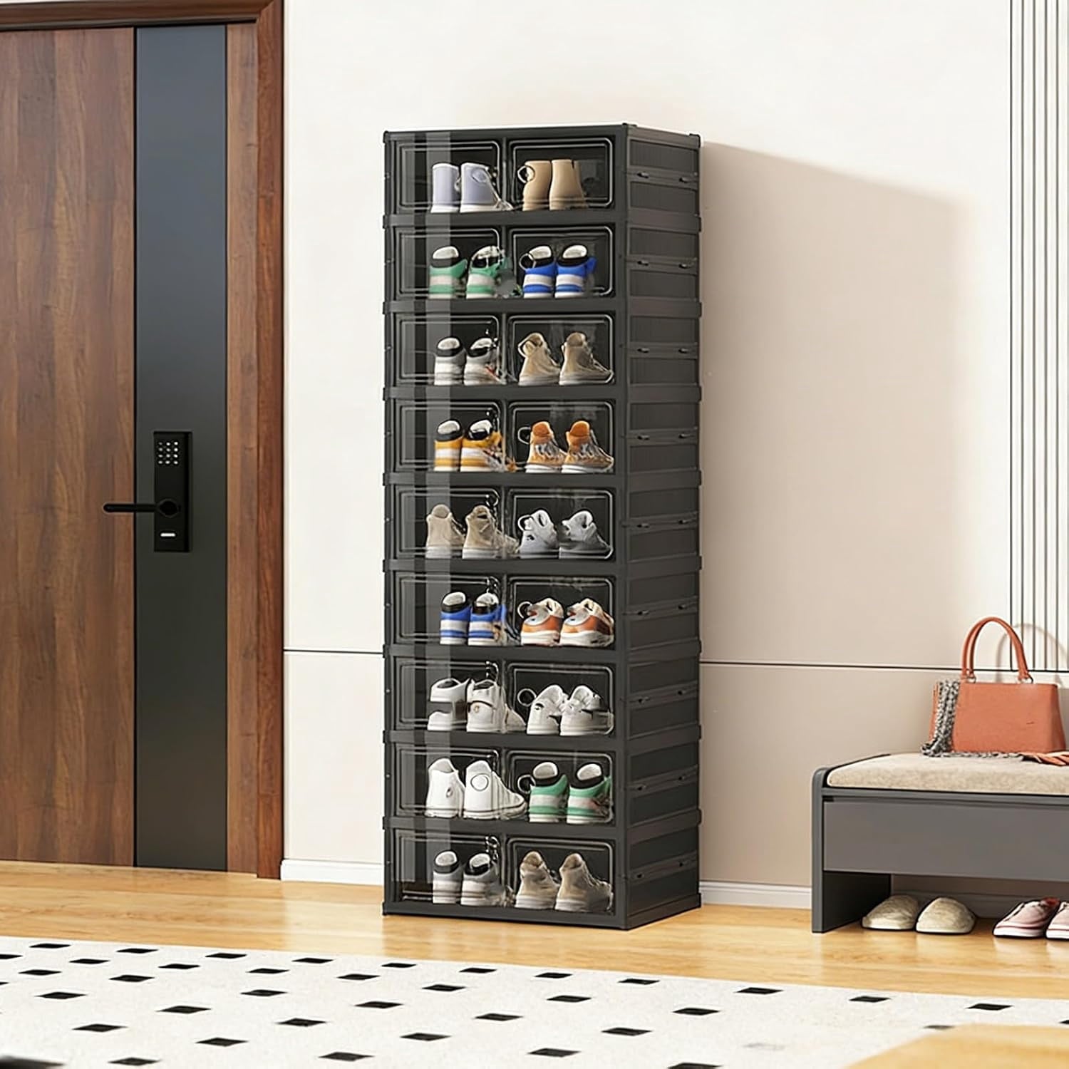 1 PCS 9 Layers Black Plastic Foldable Retail Shoe Display Racks With Transparent Door, Big Capacity Collapsible Shoe ... - Image 2