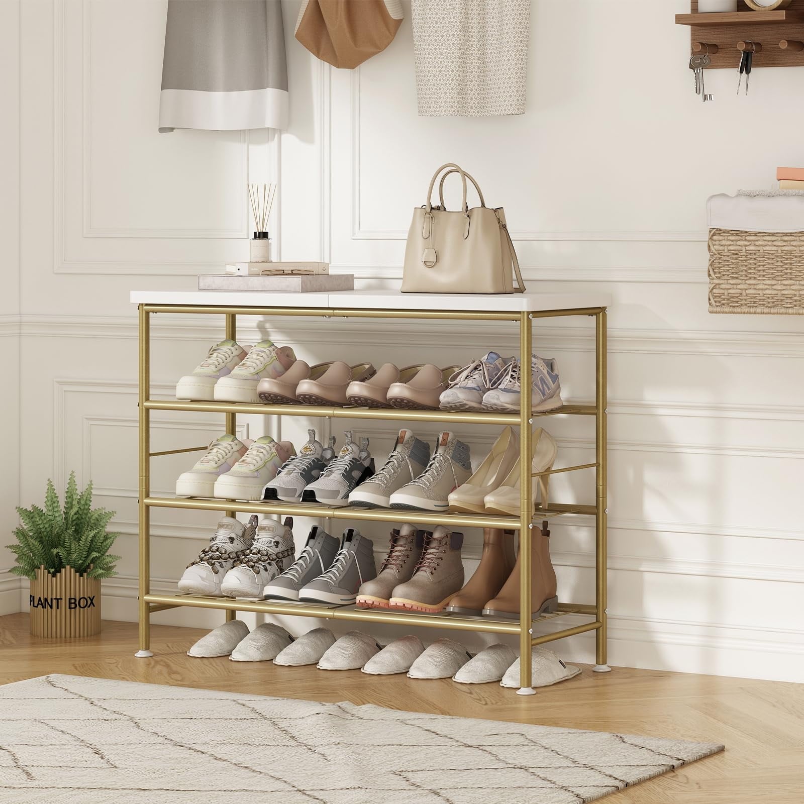 hoe Rack Organizer 4 Tier for Closet Entryway Free Standing Metal Storage Shoe Shelf,Gold - Image 4