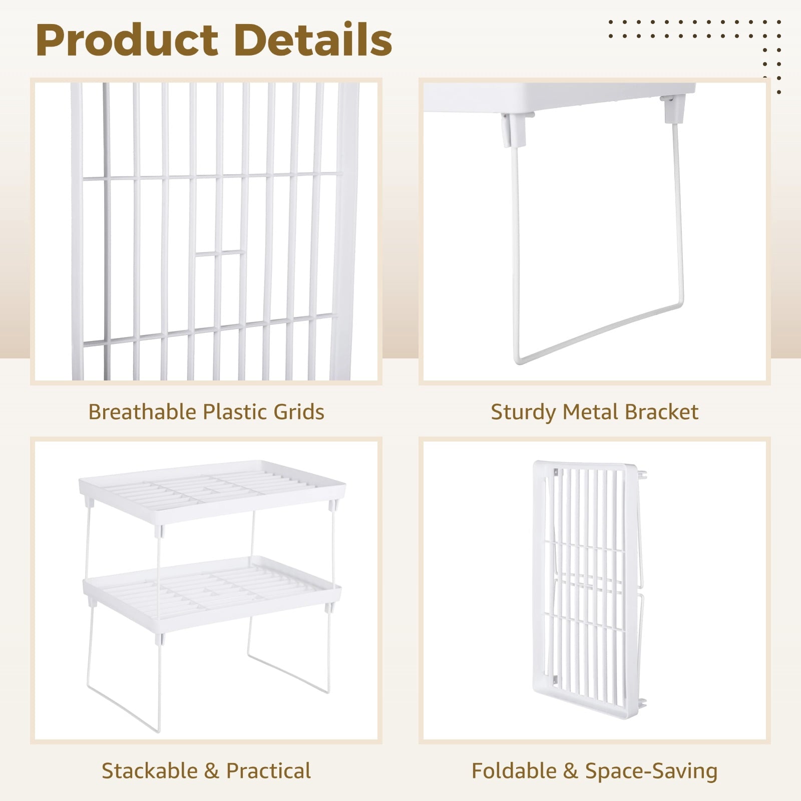 6 Pcs Foldable Organizer Shelf - 6-Tier Stackable Kitchen Rack, Organizer Shelf, White Plastic Breathable Grid with M... - Image 4
