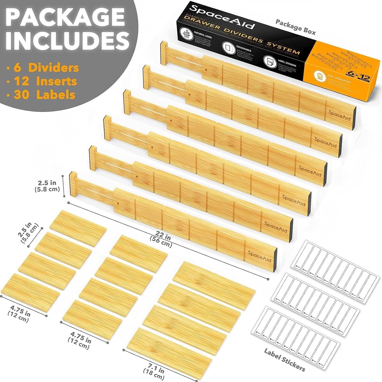 Bamboo Drawer Dividers with Inserts and Labels, Kitchen Adjustable Drawer Organizers, 6 Dividers with 12 Inserts (17-... - Image 2