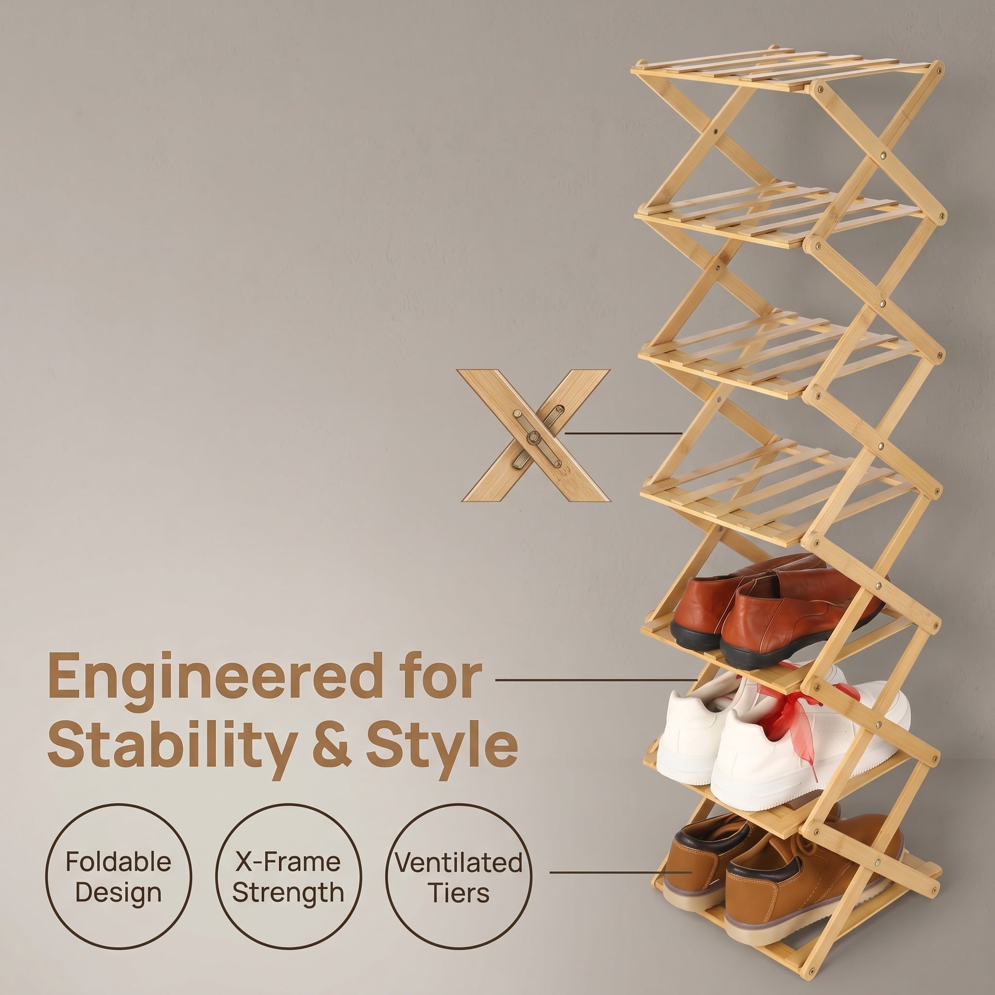 7 Tier Wooden Vertical Shoe Rack, Folding Narrow Shoe Organizer, Standing Portable Shoe Storage Shelf for Entryway, Bedroom, Living Room Cor - Image 4