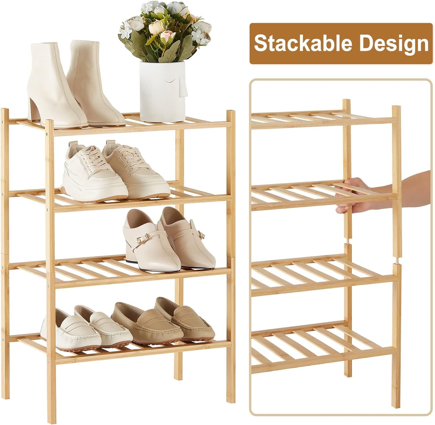 Shoe Rack for Entryway Closet 4 Tier Narrow Shoe Rack Stackable Organizer Storage Bamboo Shoe Rack Vertical Small Sho... - Image 5