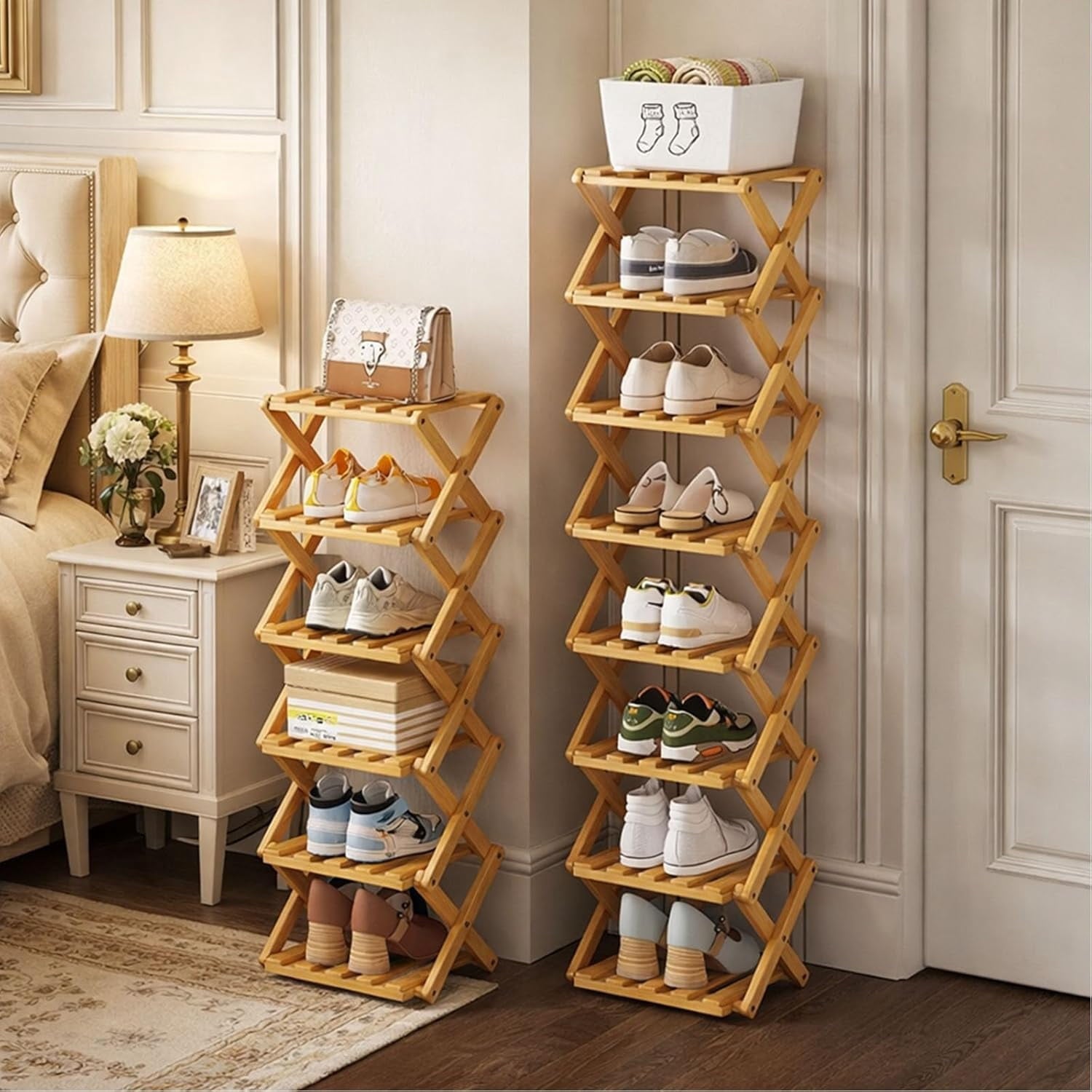 The 9-Tier No-Assembly Bamboo Rack, 2026 Upgraded Foldable 9 Tier Bamboo Corner Shoe Rack, Space-Saving Organizer for Shoes, No Assembly Nar - Image 2