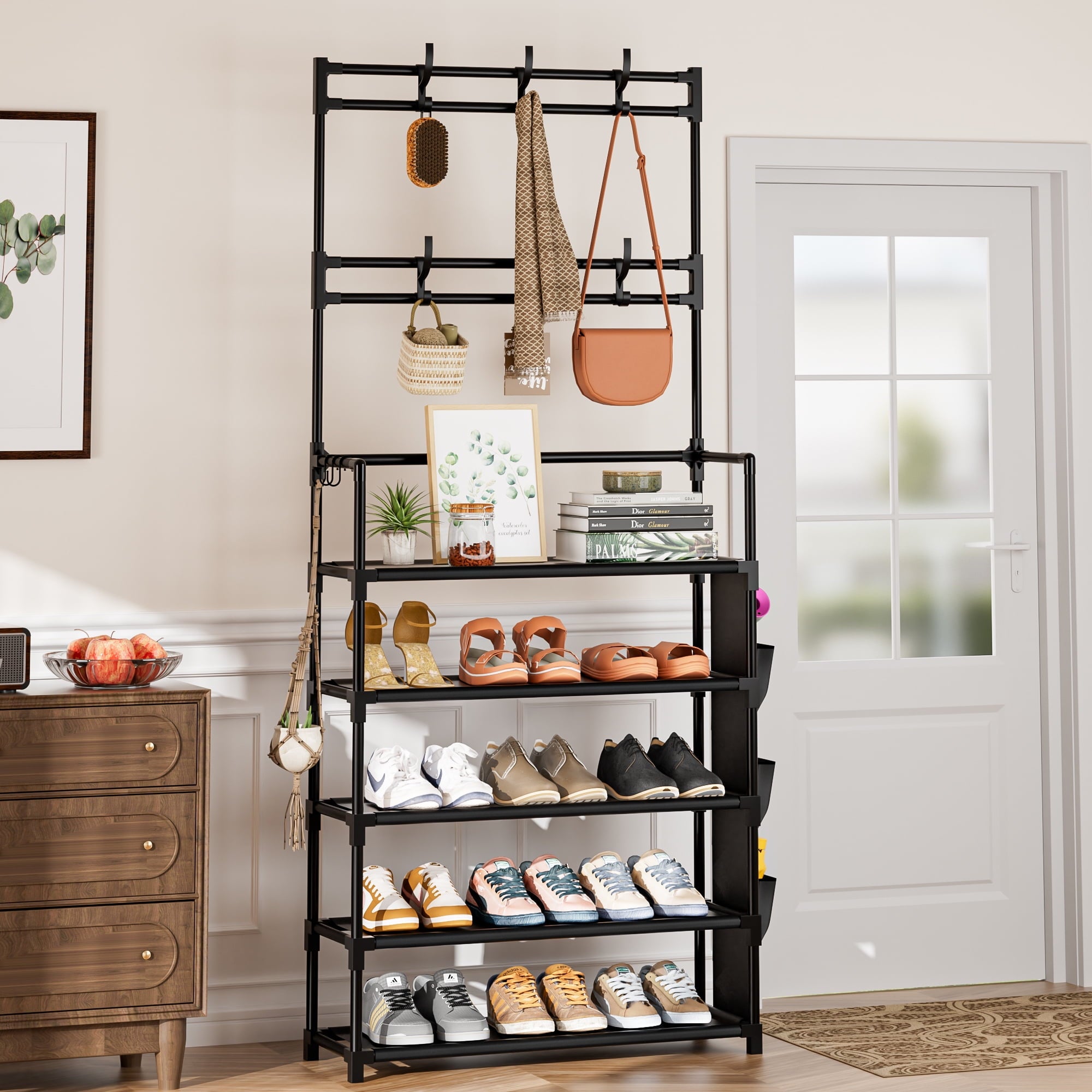 5 Rack with Hooks and Side Pocket Storage 15-20 Pairs Rack for Closet Entrance Rack Organizer Entryway Holder Space S... - Image 2