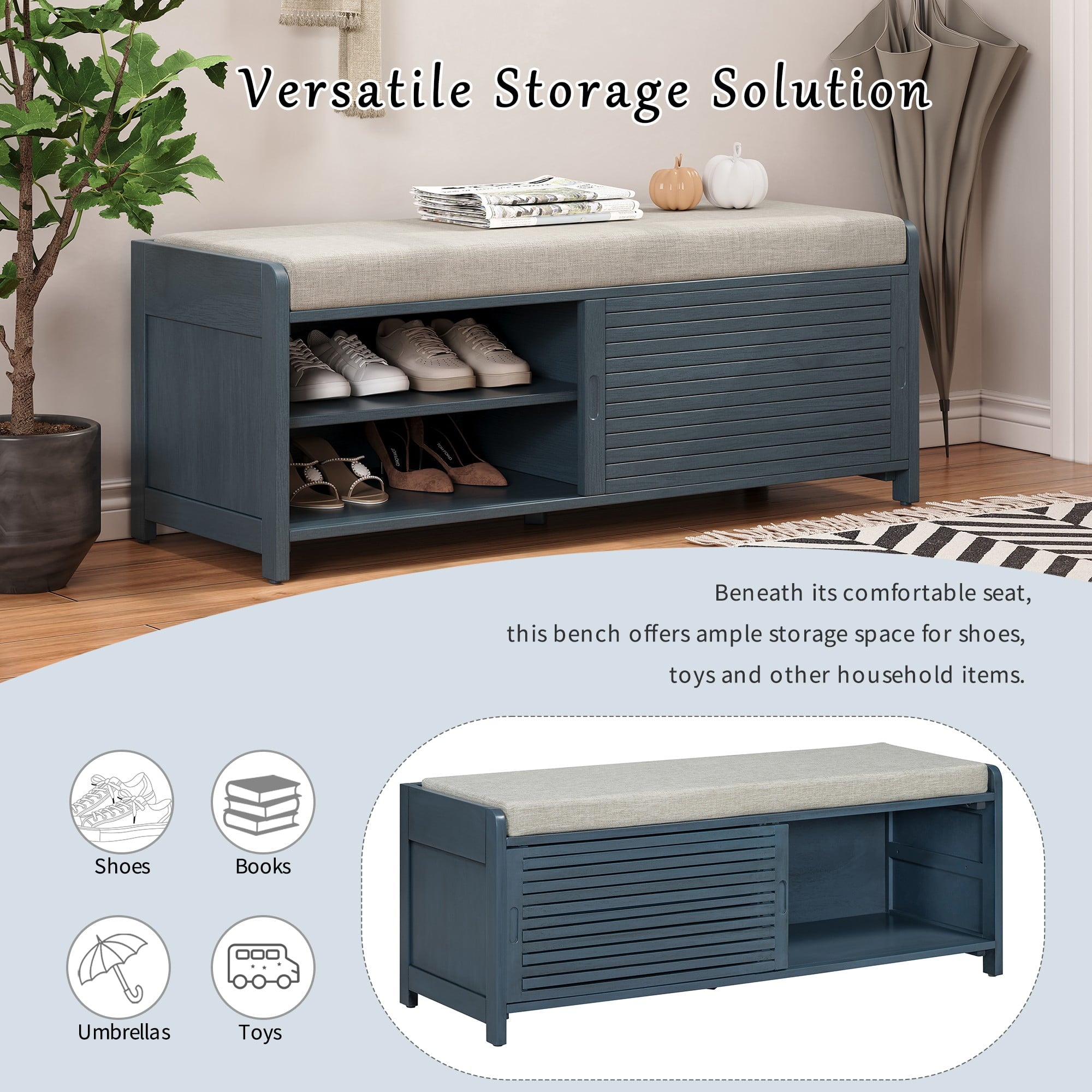 Shoe Storage Bench with Cushion, Entryway Bench, 2 Tier Shoe Rack Organizer for Entryway Living Room Bedroom, Navy - Image 2