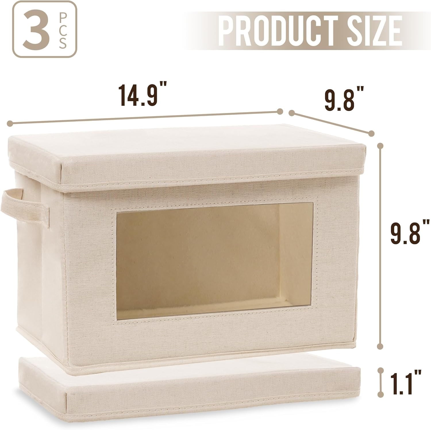 Citylife Collapsible Fabric Storage Bin With Handle Lid Large Foldable Box Basket For Closet 15"×9.8"×9.8" 3 Pack Beige - Image 2