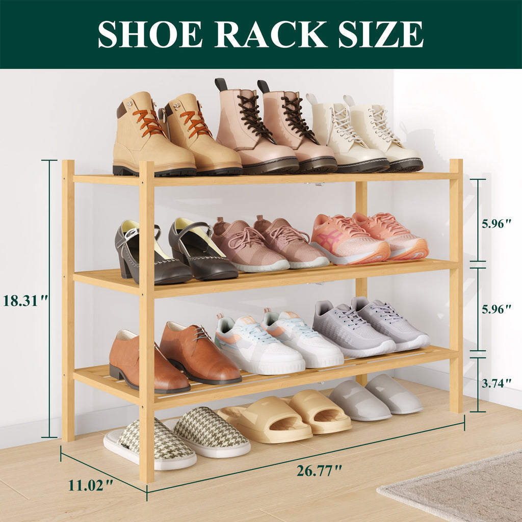3-Tier Shoe Rack , Stackable Bamboo Shoe Rack Organizer, Shoe Storage for Closet, Entryway, Bedroom and Wall, Natural - Image 4