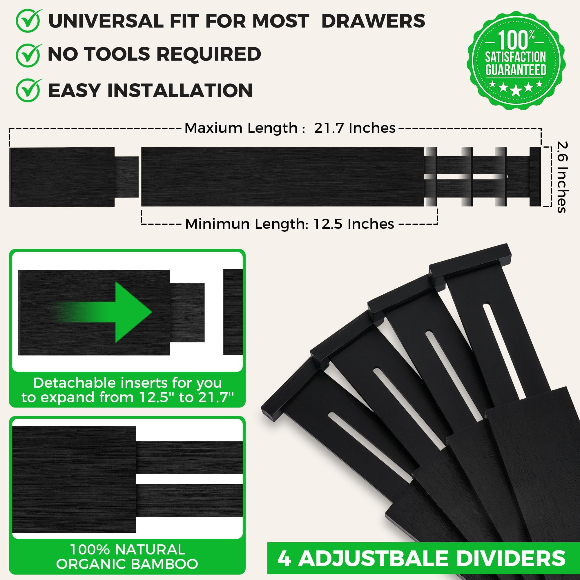 Bamboo Drawer Dividers Organizer with Inserts, Expandable from 12.5-21.7", Adjustable Drawer Organizer Separators for Utensils, Dresser, Bed - Image 2