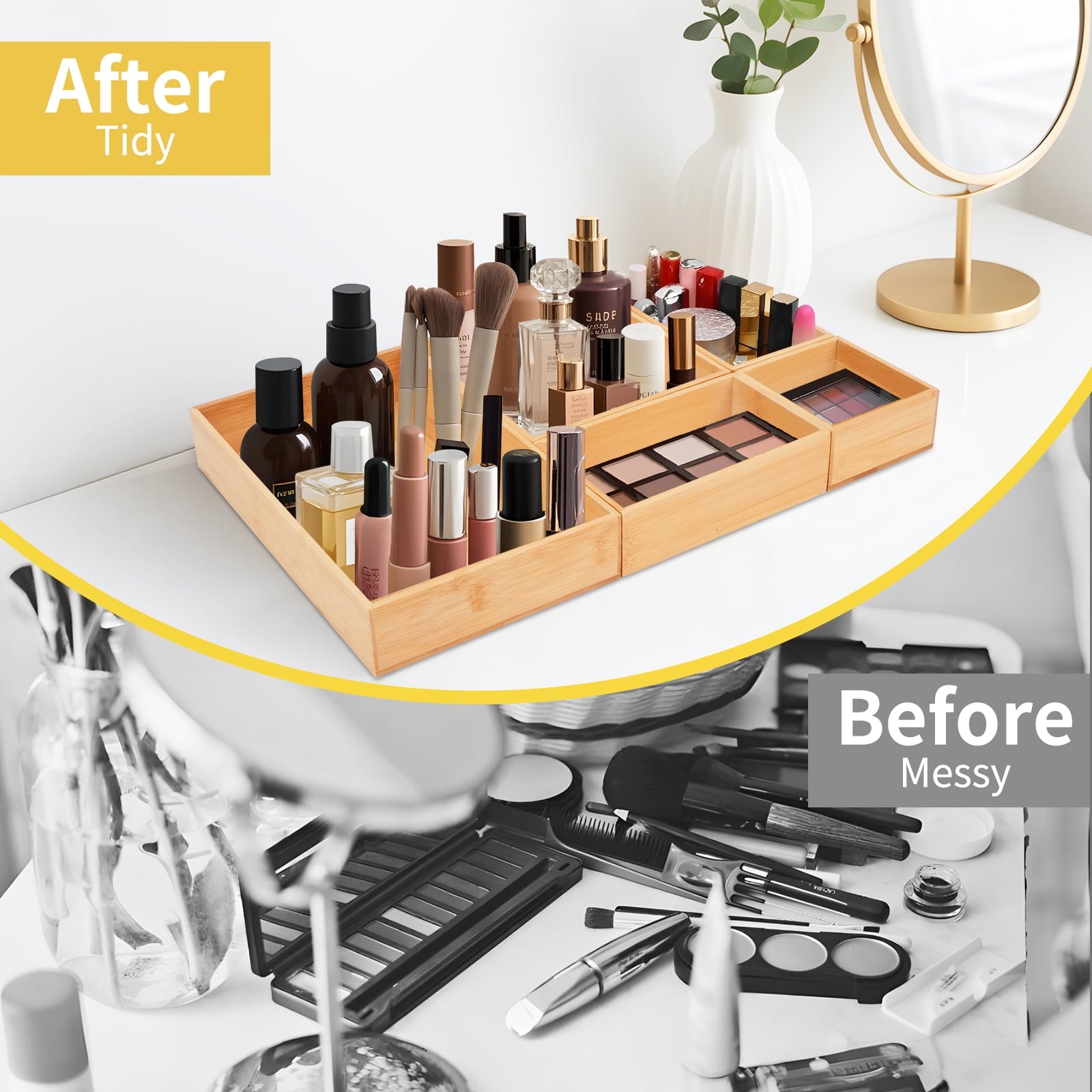 Bamboo Drawer Organizer with Adjustable Wood 2 Drawer Dividers, Stackable Makeup Desk Junk Storage Boxes Container Tr... - Image 4