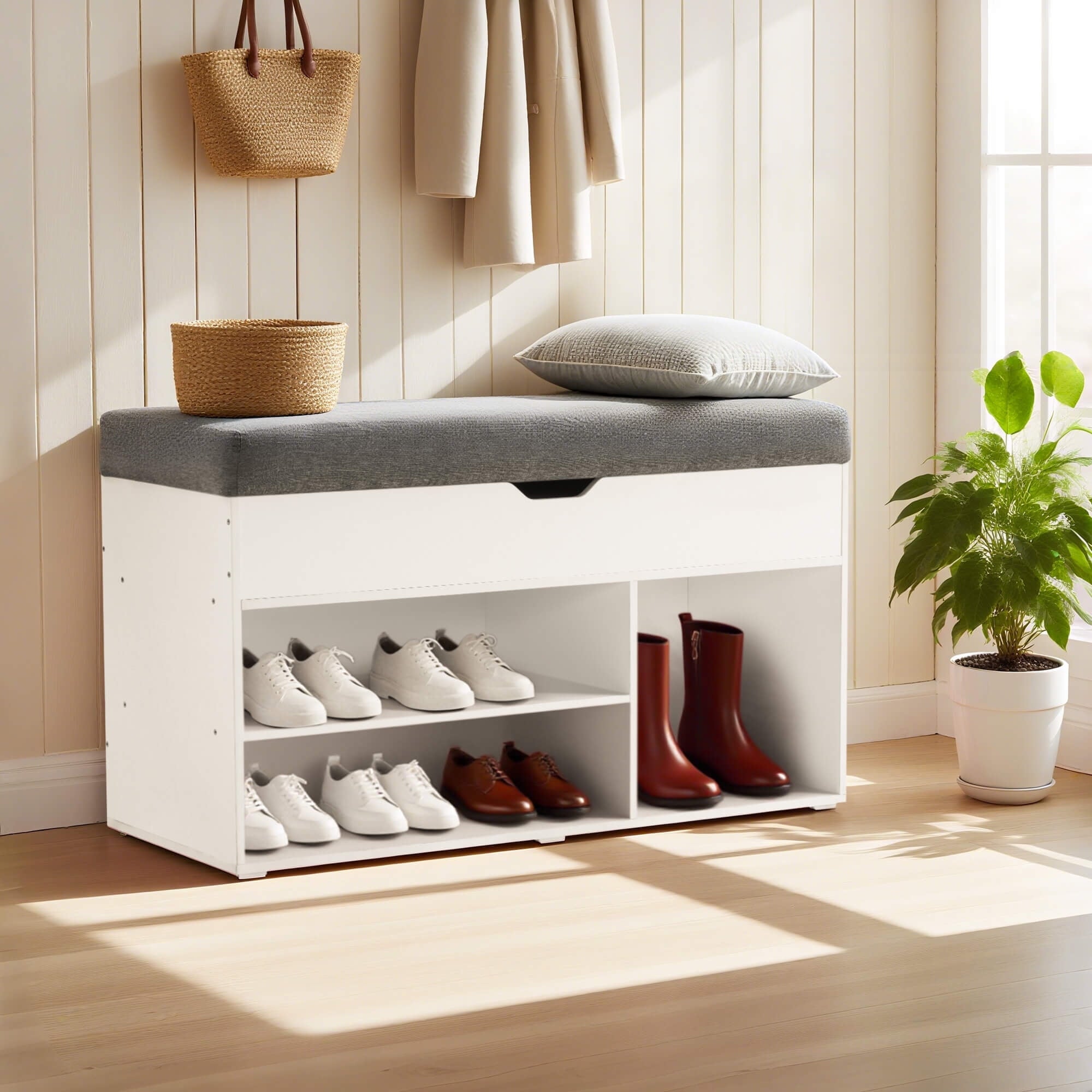 Ivinta Shoe Storage Bench with 4" Cushion, 2-Tier Entryway Organizer with Hidden Compartment, 37", White